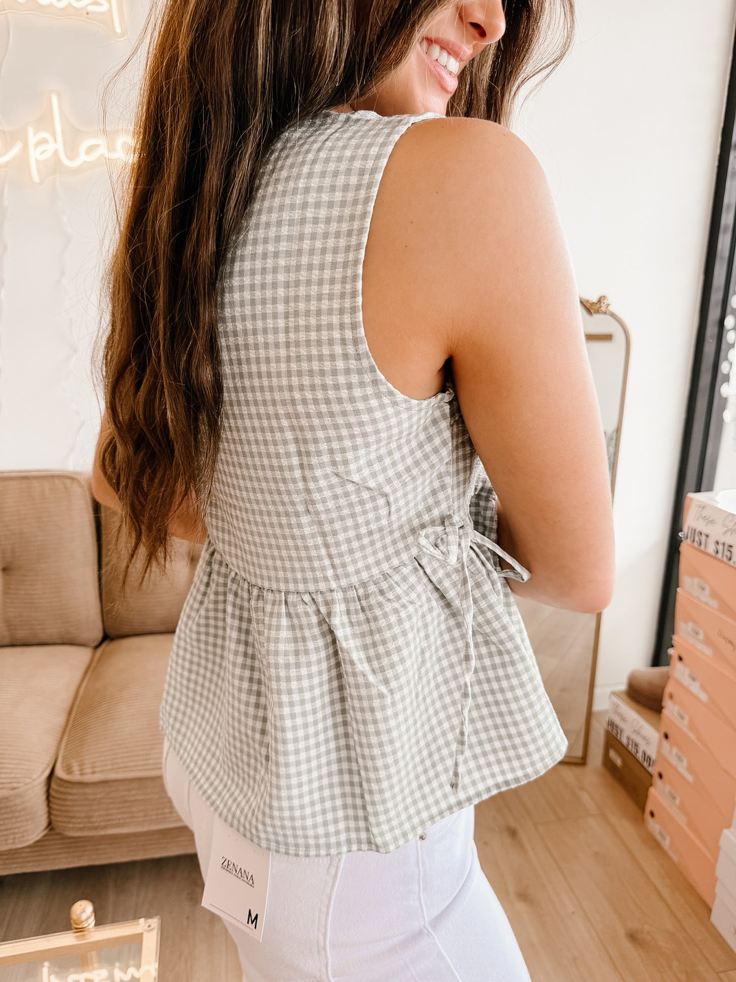 Gingham Sleeveless Peplum Top with Side Ties (2 Colors)