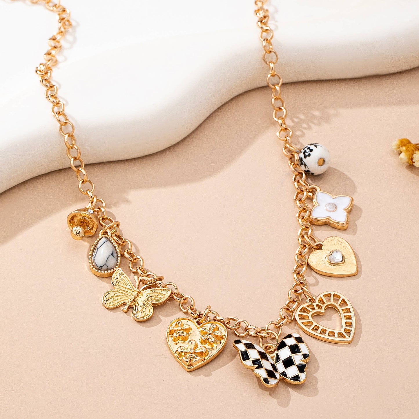 Charm Necklace-Hearts & Checker Butterflies