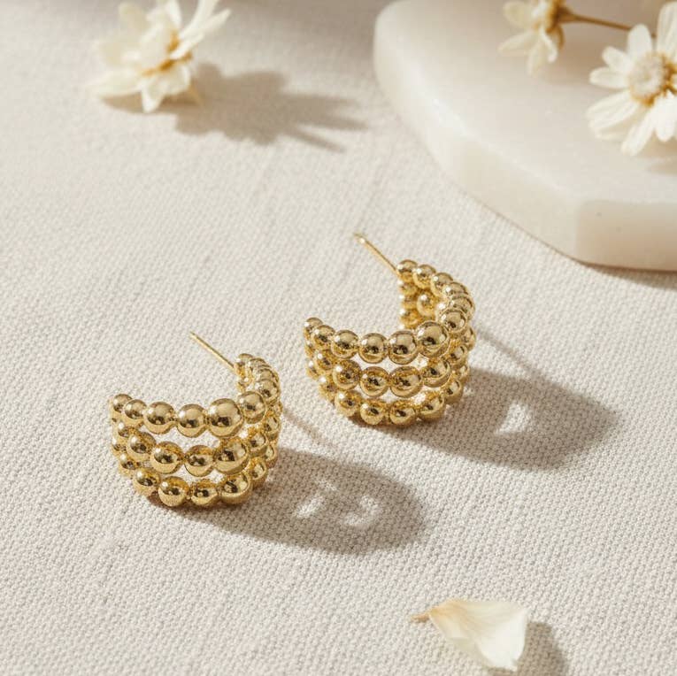 Tarnish Resistant Gold Plated Trio Beaded Hoop Earrings