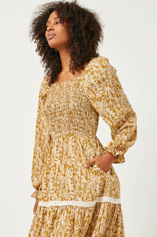 Floral Smocked Waist Contrast Lace Detail Dress