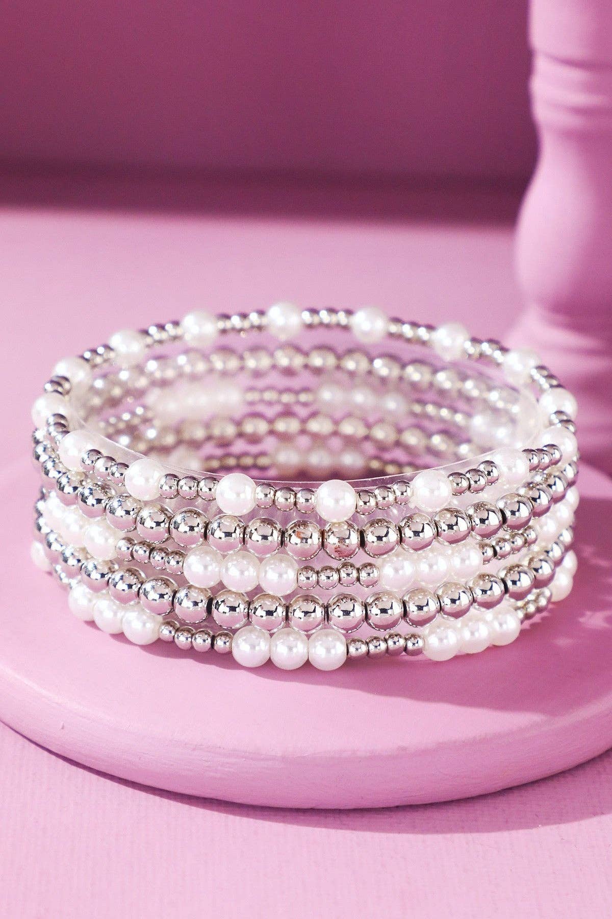Silver Pearl Beaded Bracelet Set