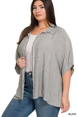 Hunter Green Rayon Striped Short Sleeve Button Up Shirt