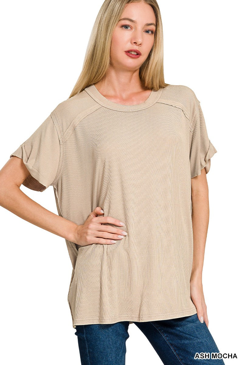 Washed Ribbed Short Sleeve Boat-neck Top ( 2 colors )