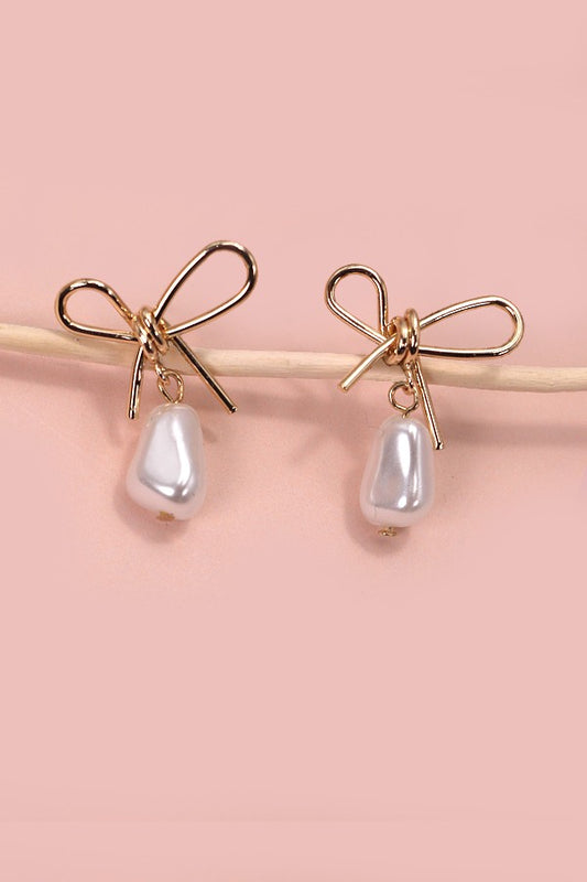 Pearl Dangle Gold Bow Drop Earrings