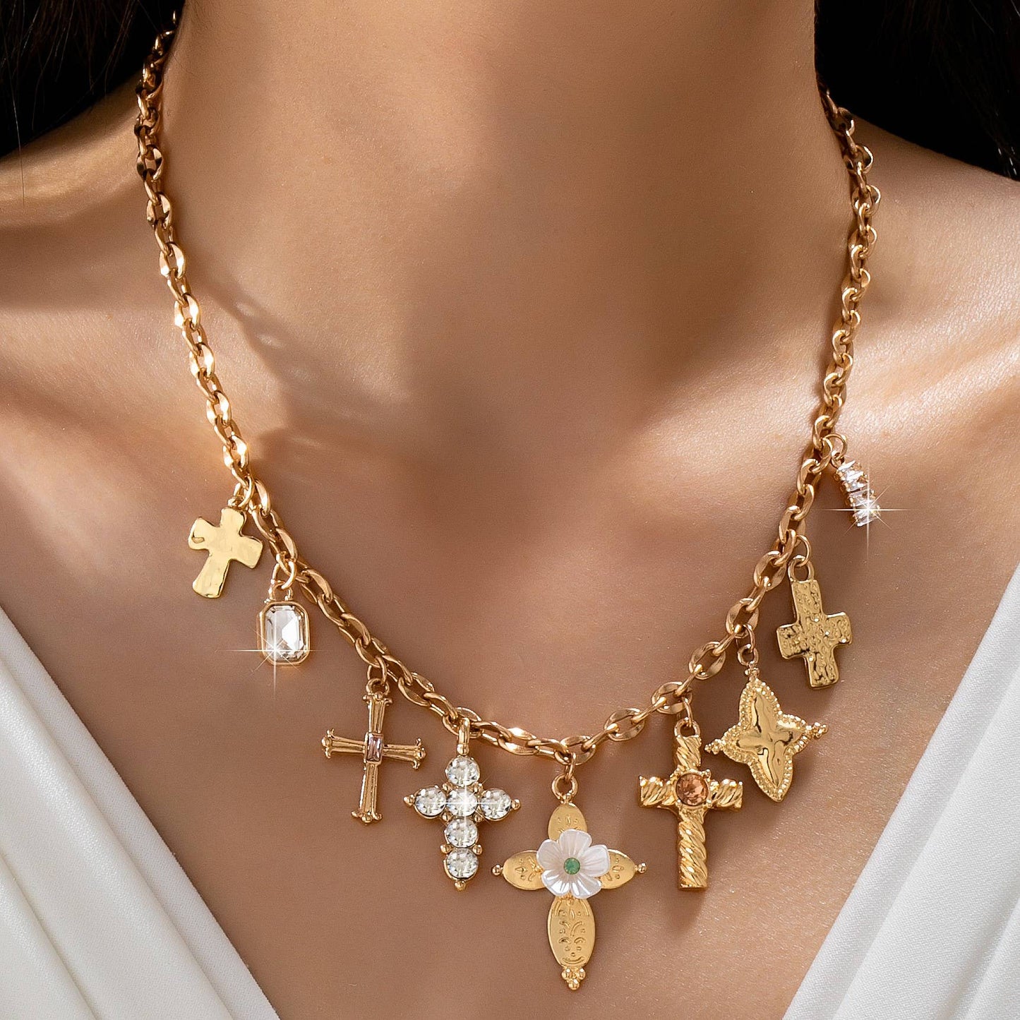 Charm Necklace - Multi-Cross Crystal Charm