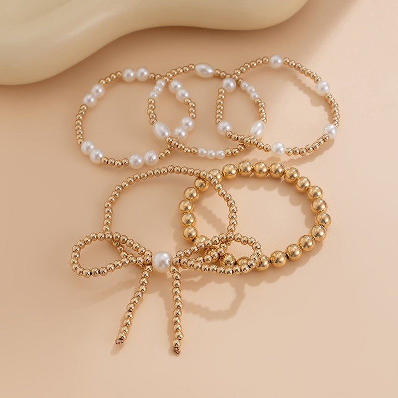 Multilayer Ball Chain Bead Pearl Bow Bracelet