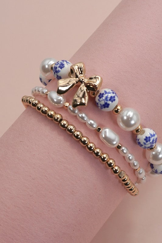 Blue Ceramic Porcelain Bow Multi Layer Bracelet