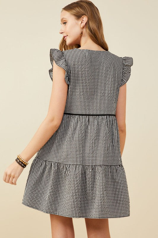 Womens Contrast Piped Bow Detail Gingham Dress