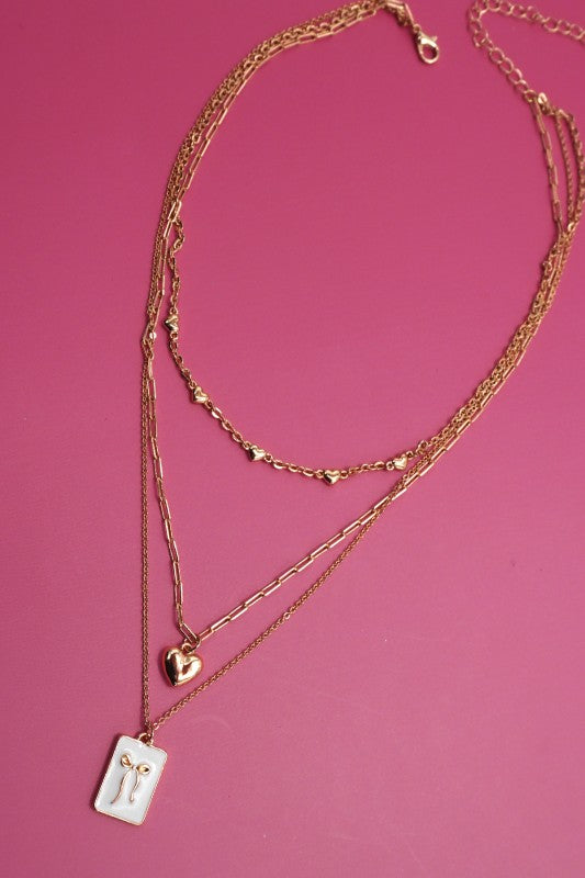 Square Bow Epoxy Charm Layered Necklace
