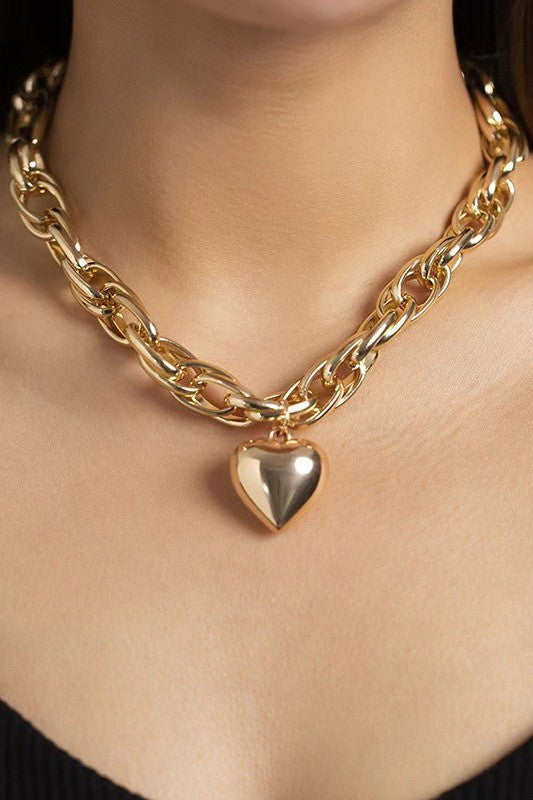 Puffy Heart Chunky Chain Statement Necklace