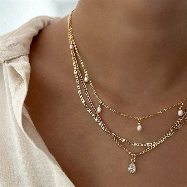Multi Layer Stone Chain Teardrop Charm Necklace
