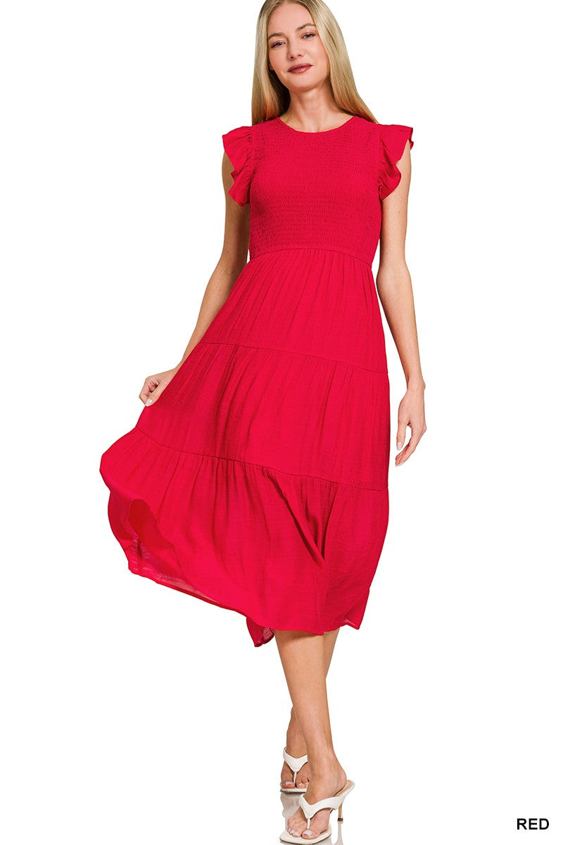 Woven Smocked Ruffle Sleeve Midi Dress