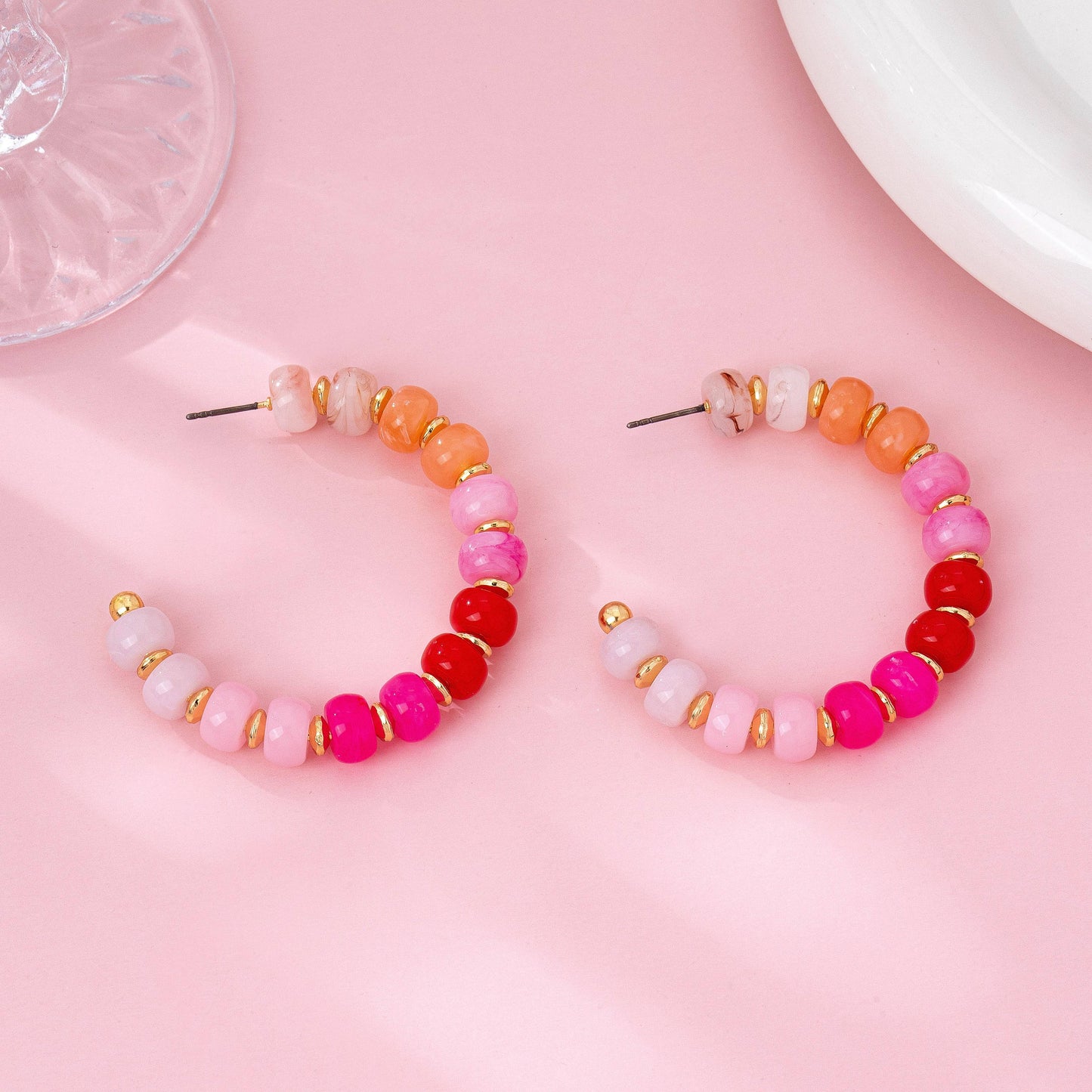 Pink Beaded Hoop Earrings
