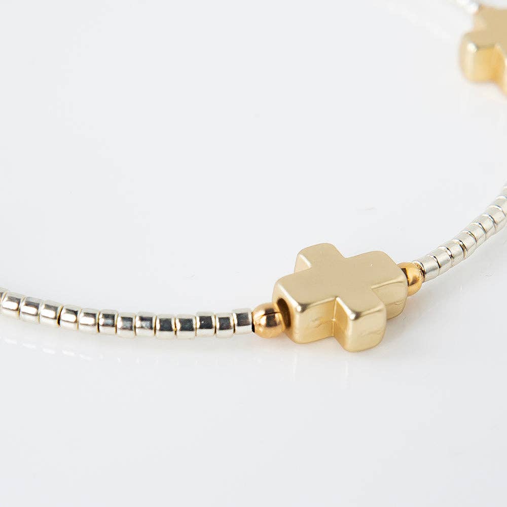 Faithful Beaded Cross Bangle w/ Matte Gold Crosses-Silver