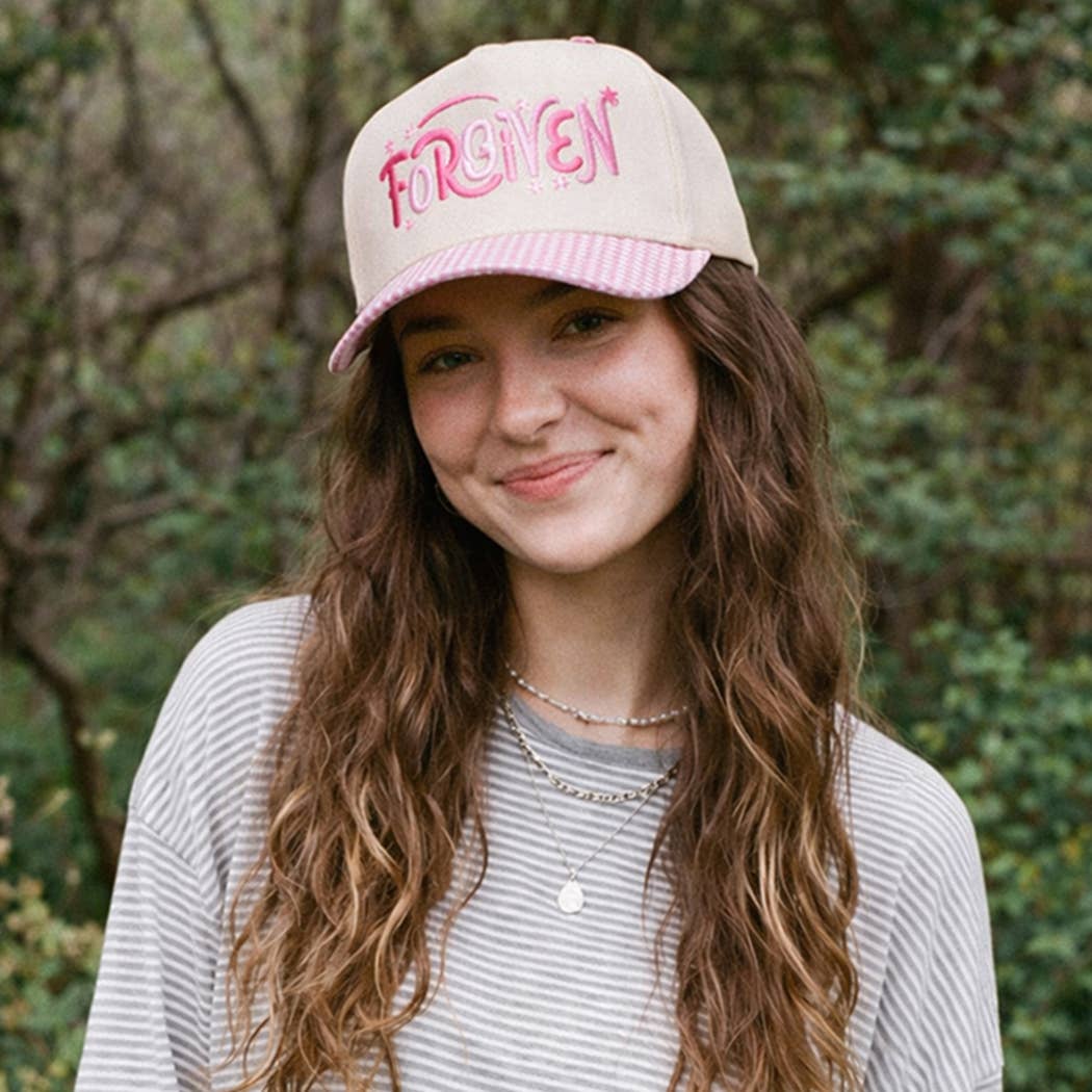Pink Forgiven Embroidered Gingham Brim Trucker Hat