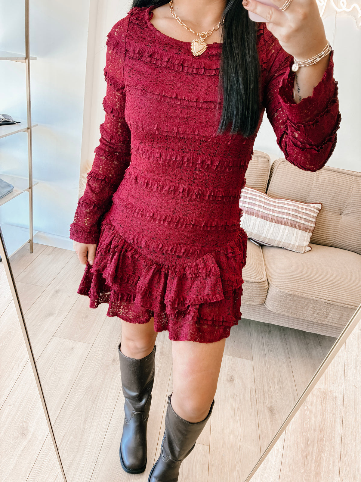 October Evening Lace Mini Dress - Wine