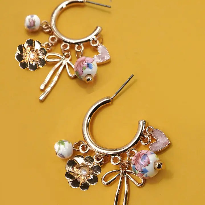 Ceramic Porcelain Bow Flower Charm Drop Hoop