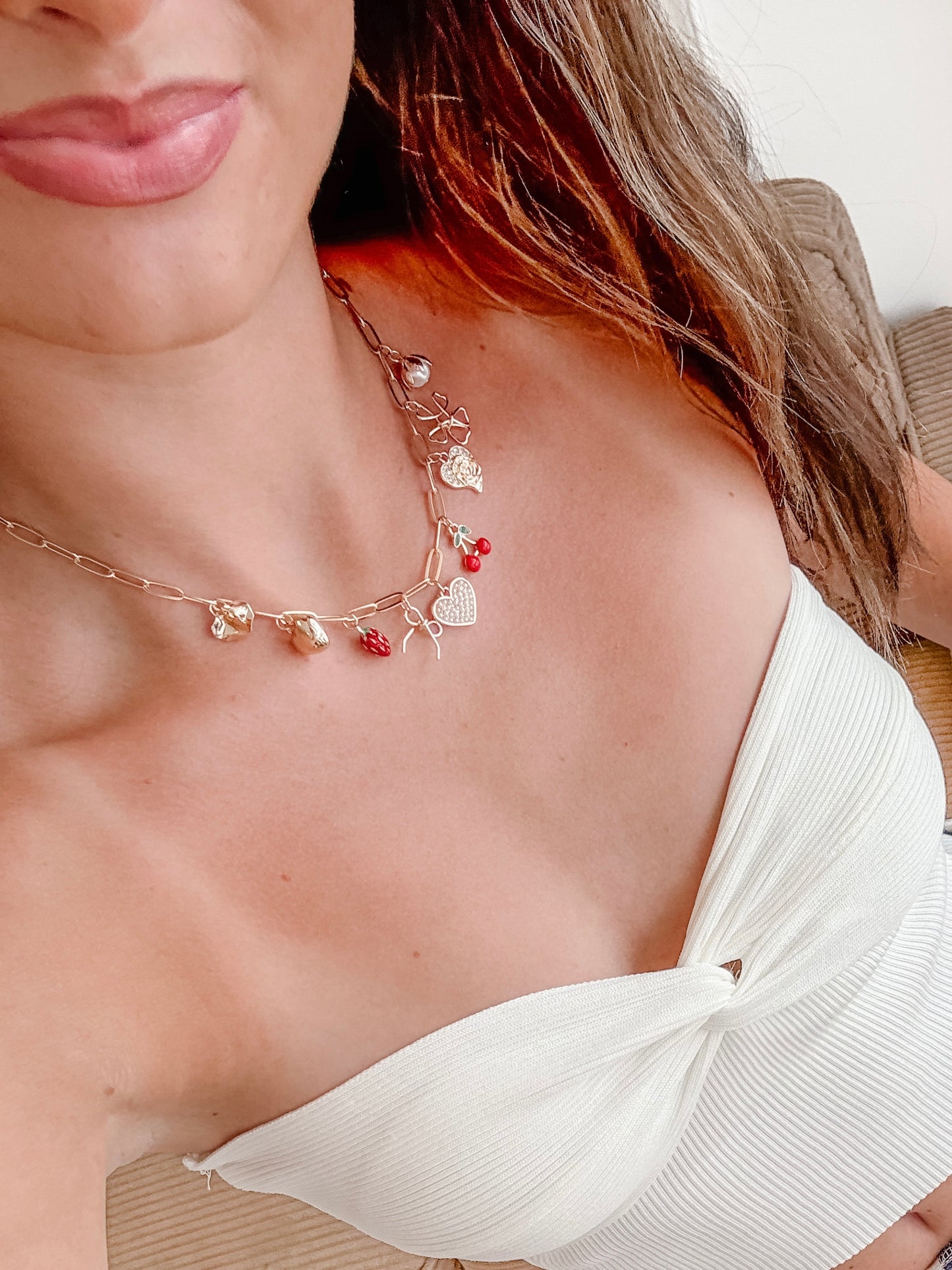Multi Charm Bow Cherry Heart Necklace