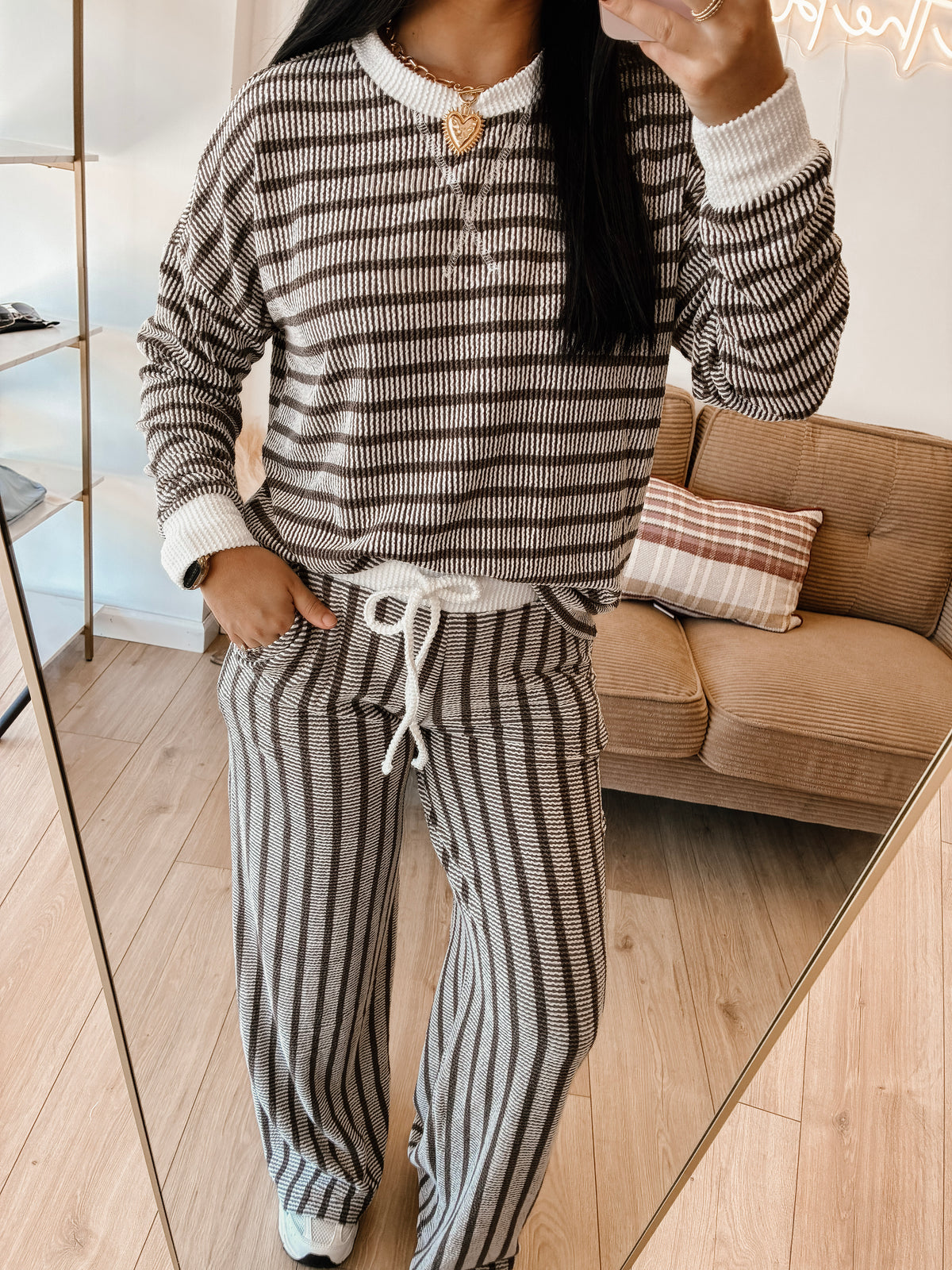 Striped Up Raised Rib Pants Set - Espresso