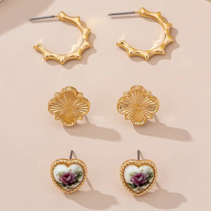 Floral & Textured Gold Stud Earring Set