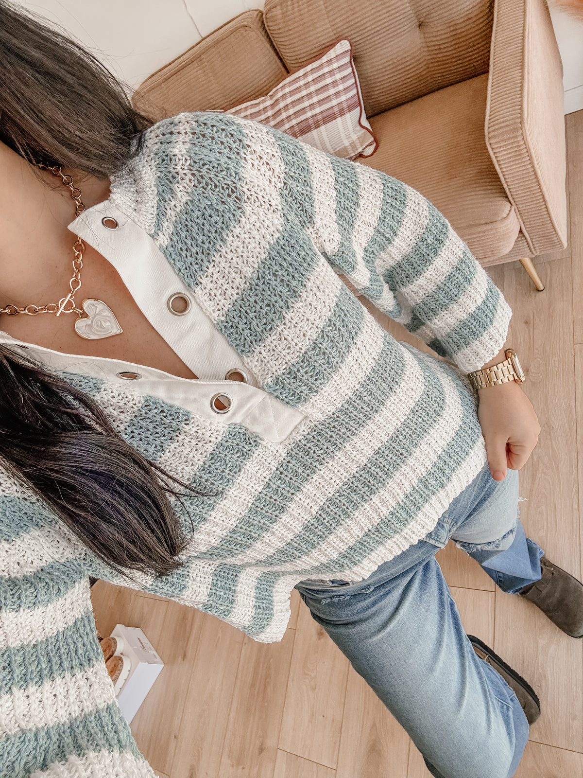 Edith Eyelet Stripe Sweater - Blue