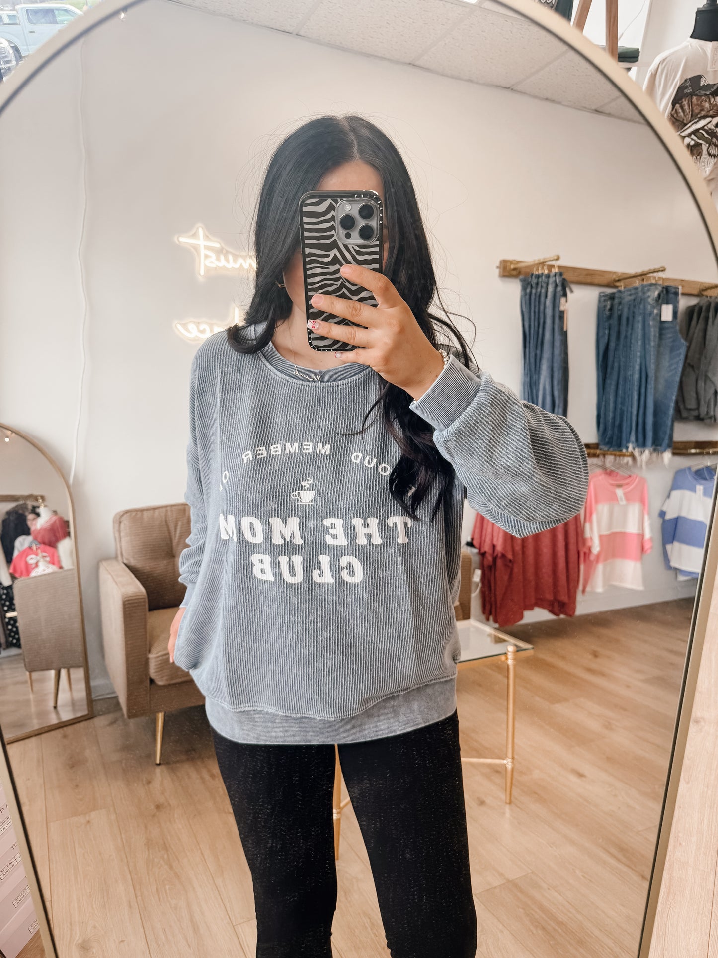 Mom Club Graphic Washed Long Sleeve Rib Knit Top