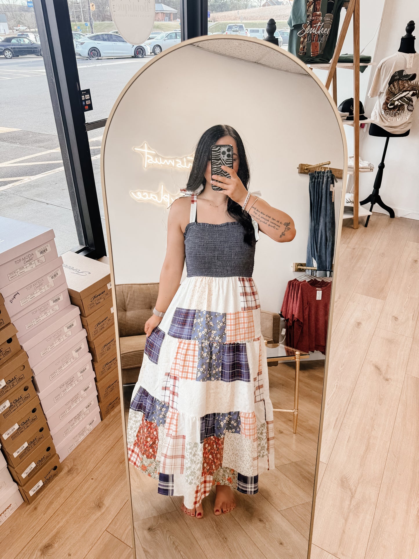 Smocked Denim Patchwork Detail Tiered Maxi Dress