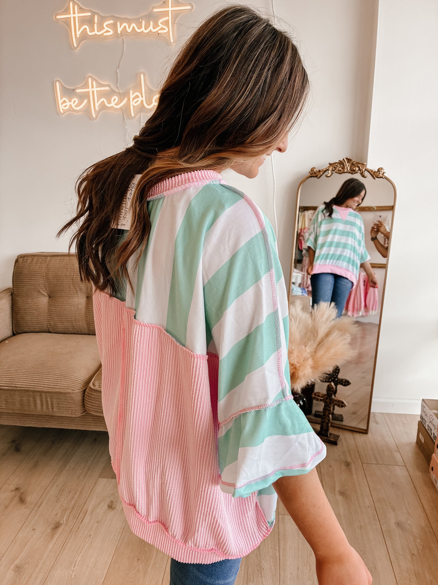 Flutter Elbow Sleeve Stripe French Terry Top