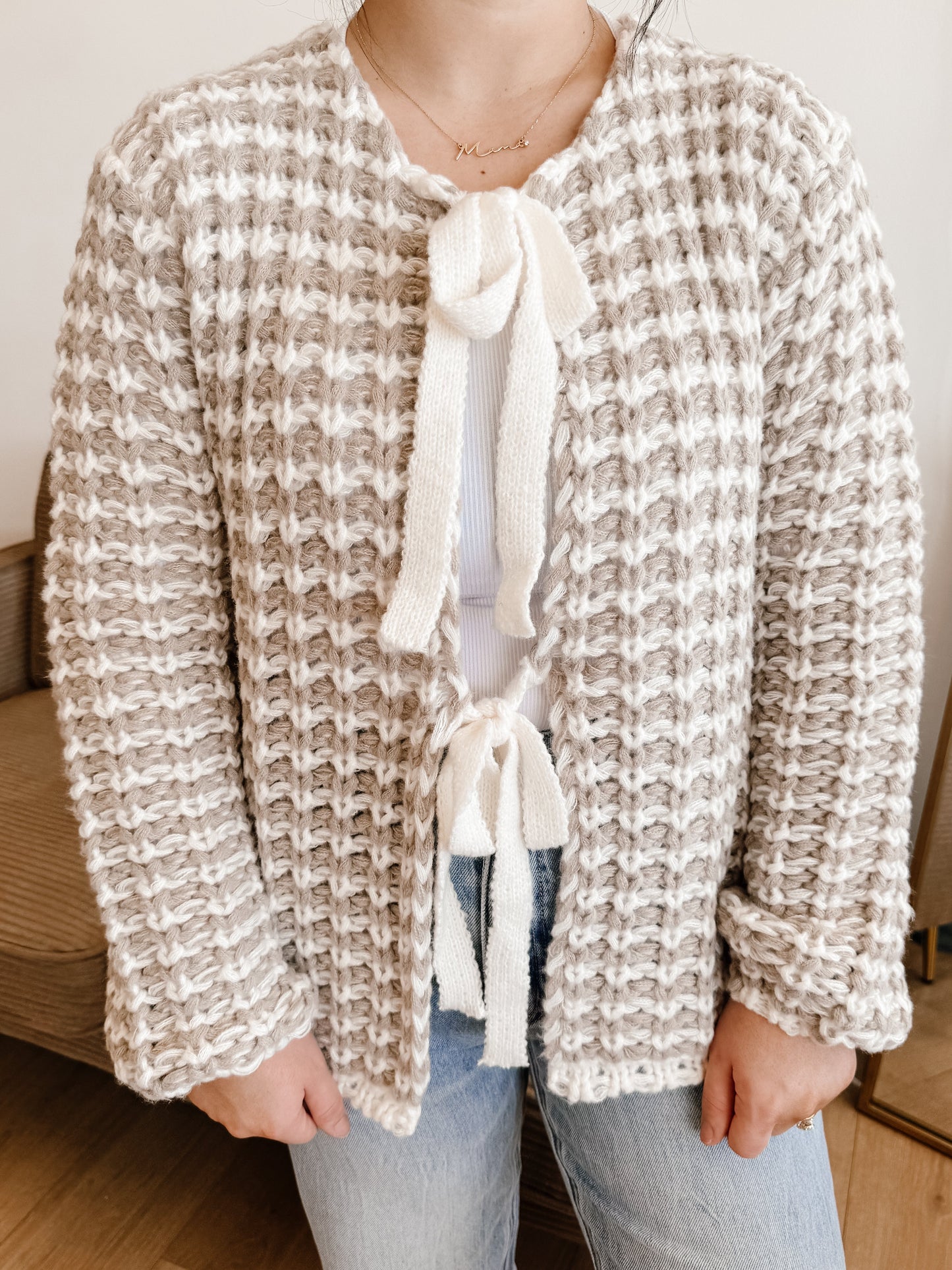 Lattice Charm Cozy Bow Knit Cardigan