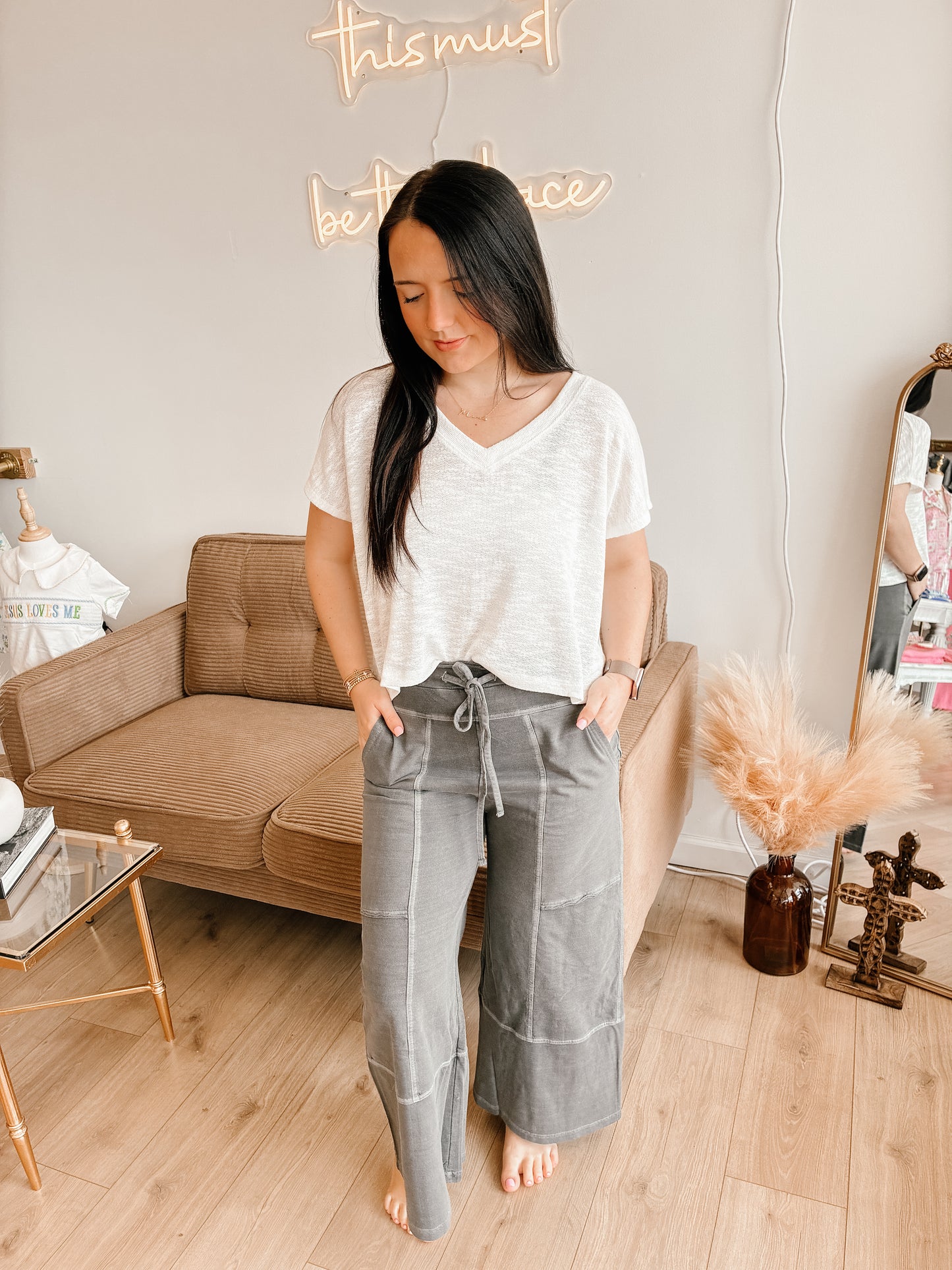 French Terry Washed Exposed-seam Wide Leg Pants