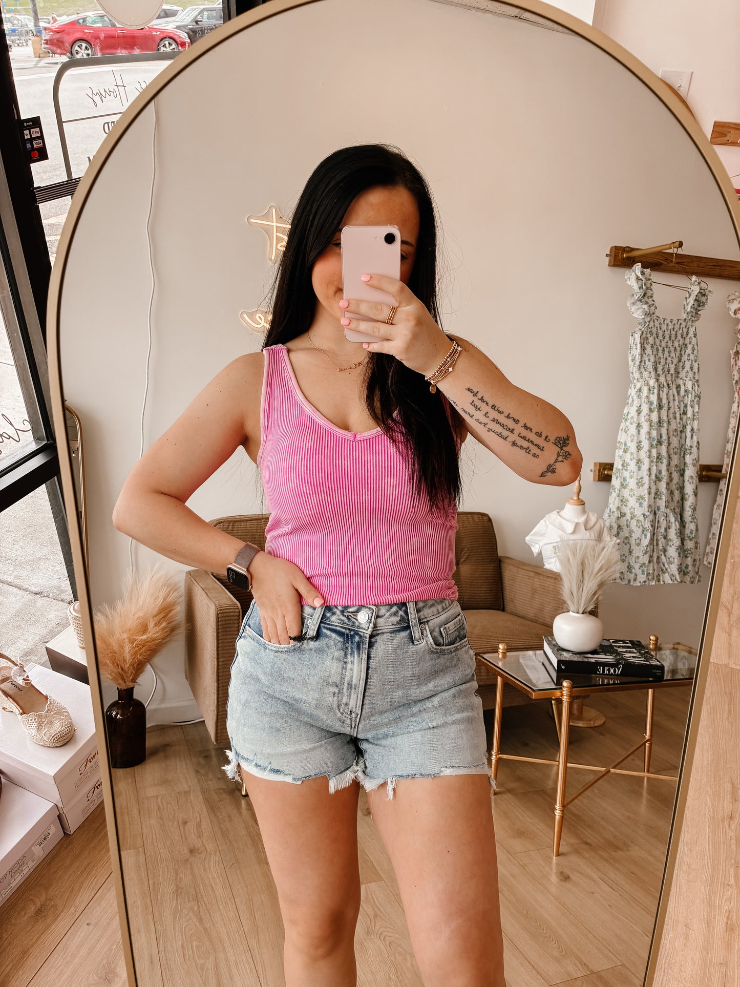 Stone Washed Ribbed Seamless Tank Top W Bra Pad