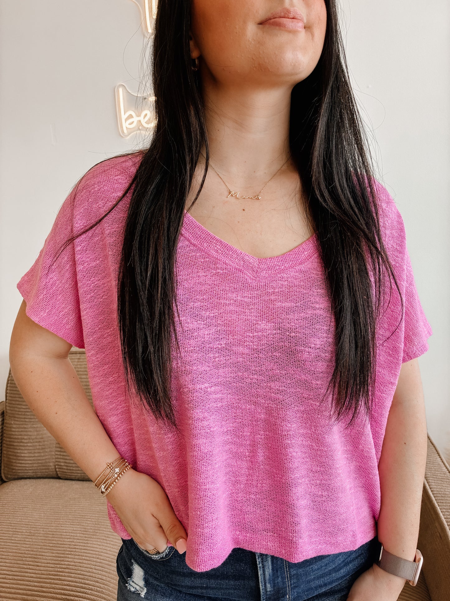 Hacci Slub V-neck Drop Shoulder Crop Top