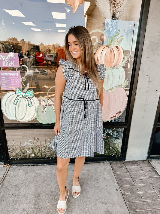 Womens Contrast Piped Bow Detail Gingham Dress