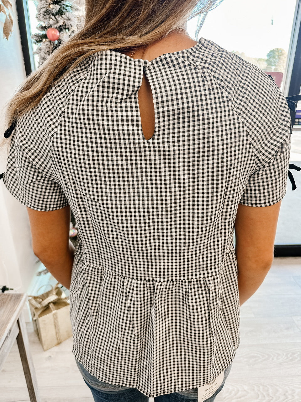 Womens Contrast Ribbon Gingham Babydoll Top