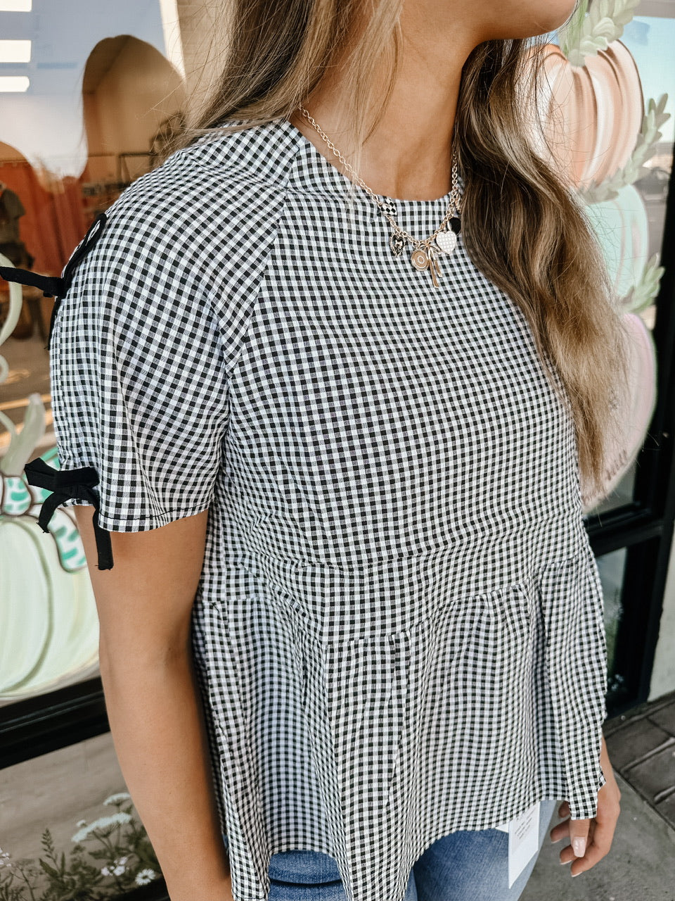 Womens Contrast Ribbon Gingham Babydoll Top