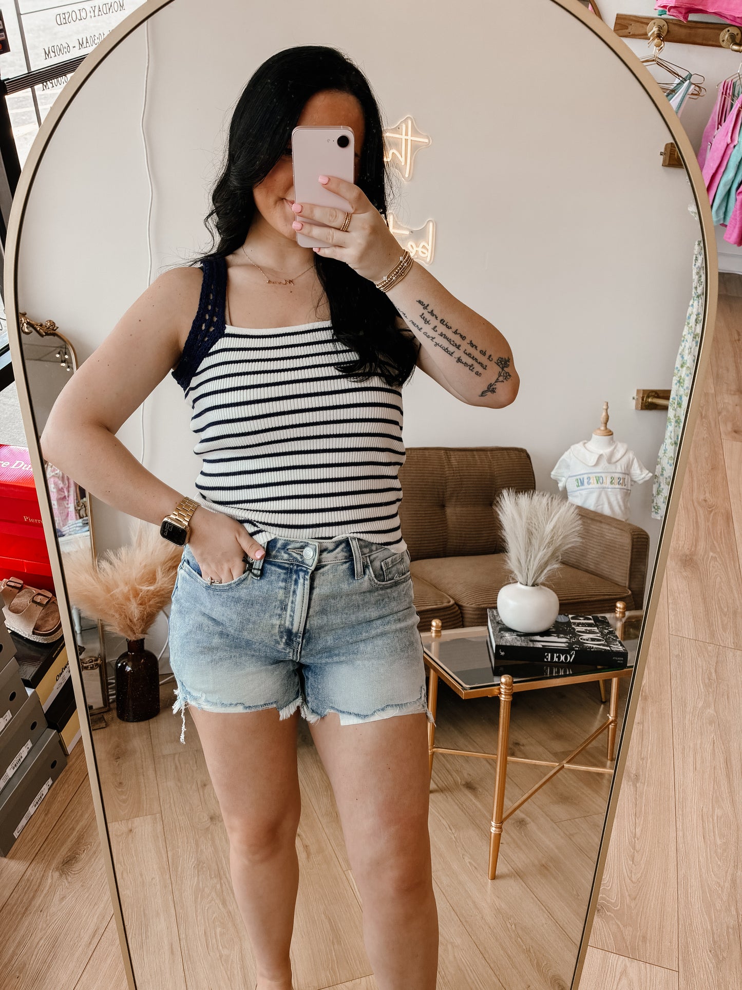 Crochet Sleeve Striped Knit Tank Top ( 2 colors)