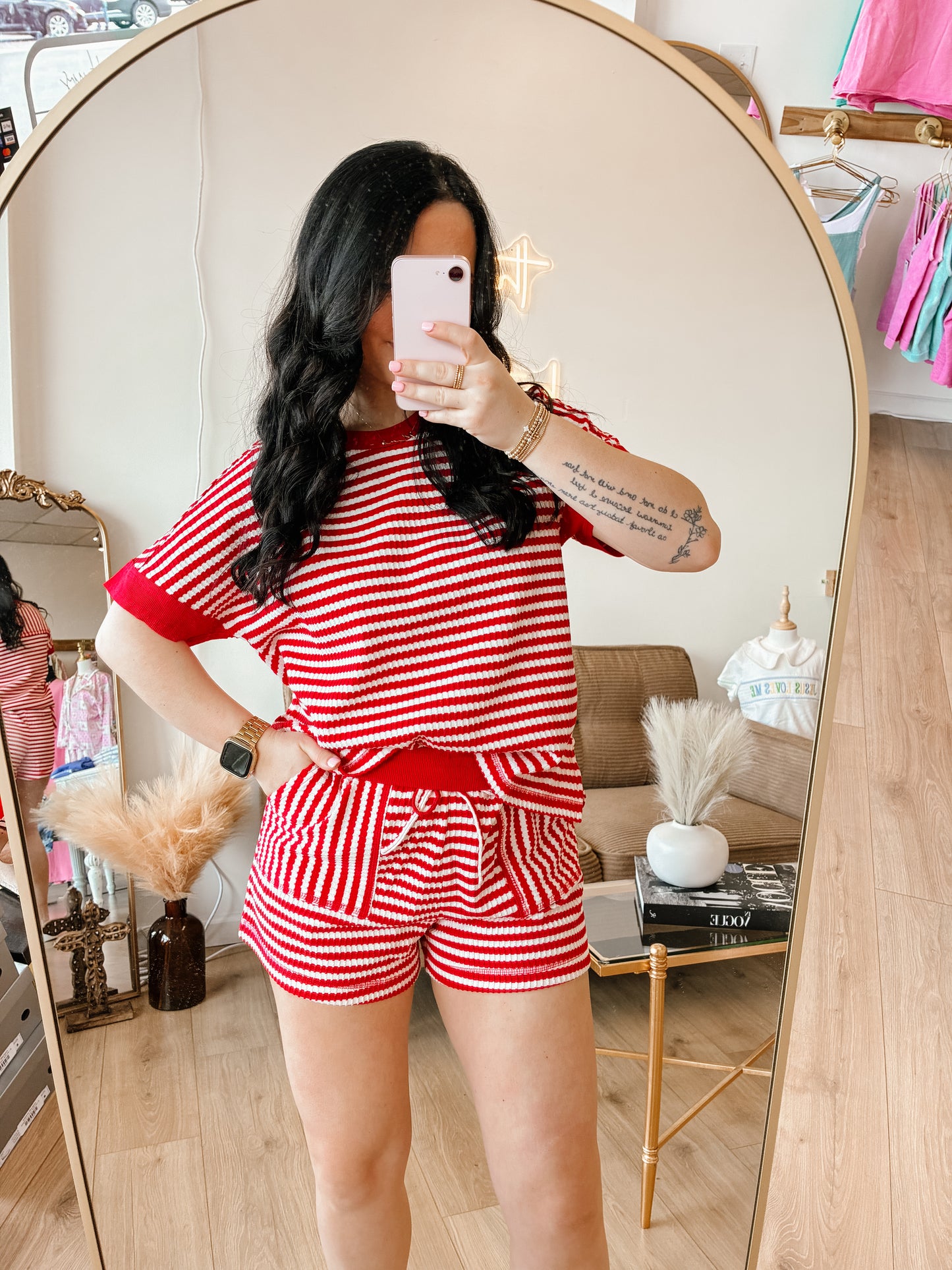 Red/White Striped Comfy Knit Top & Shorts Set
