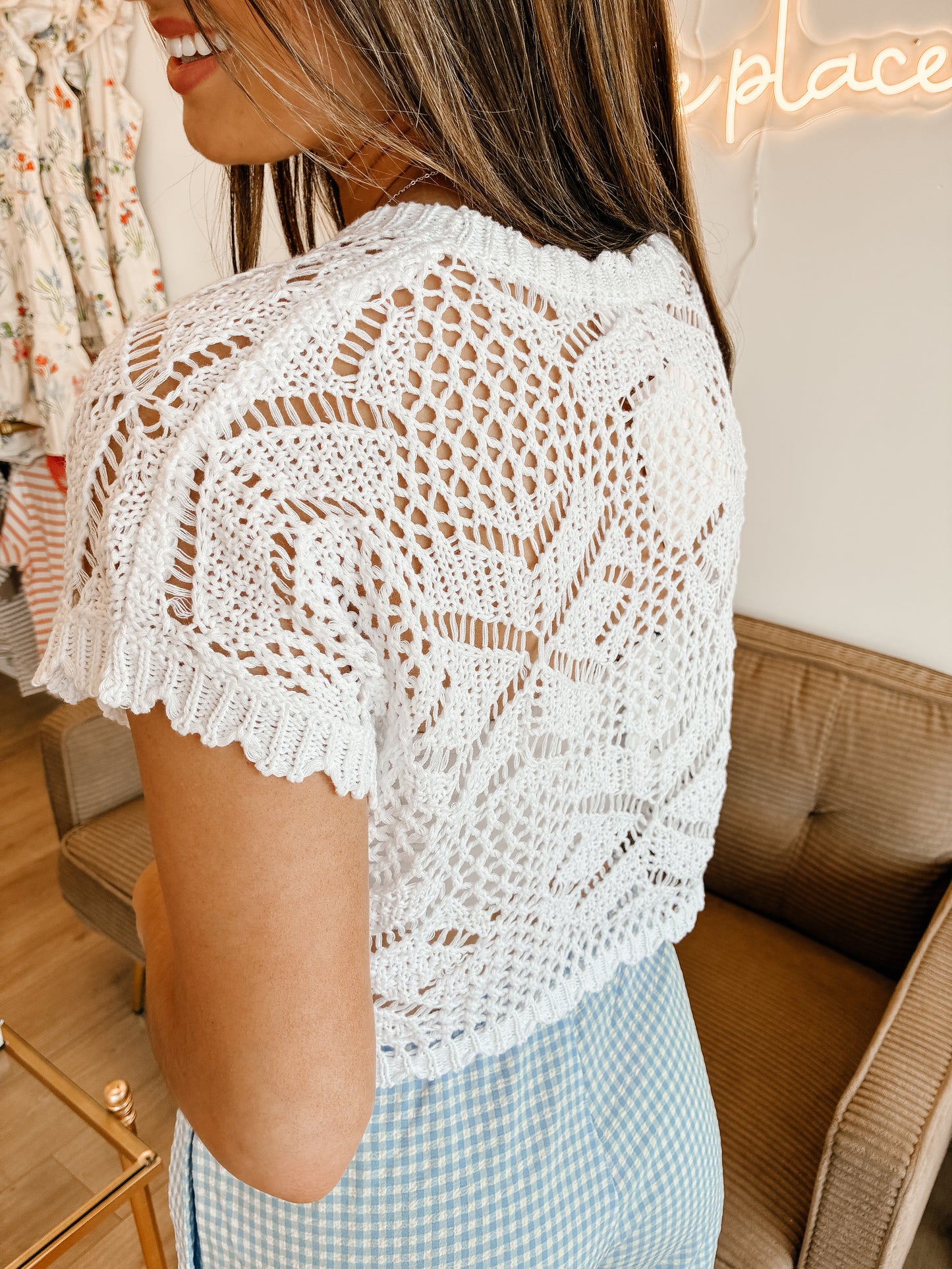 Crochet Scallop Edge Short Sleeves Sweater Top