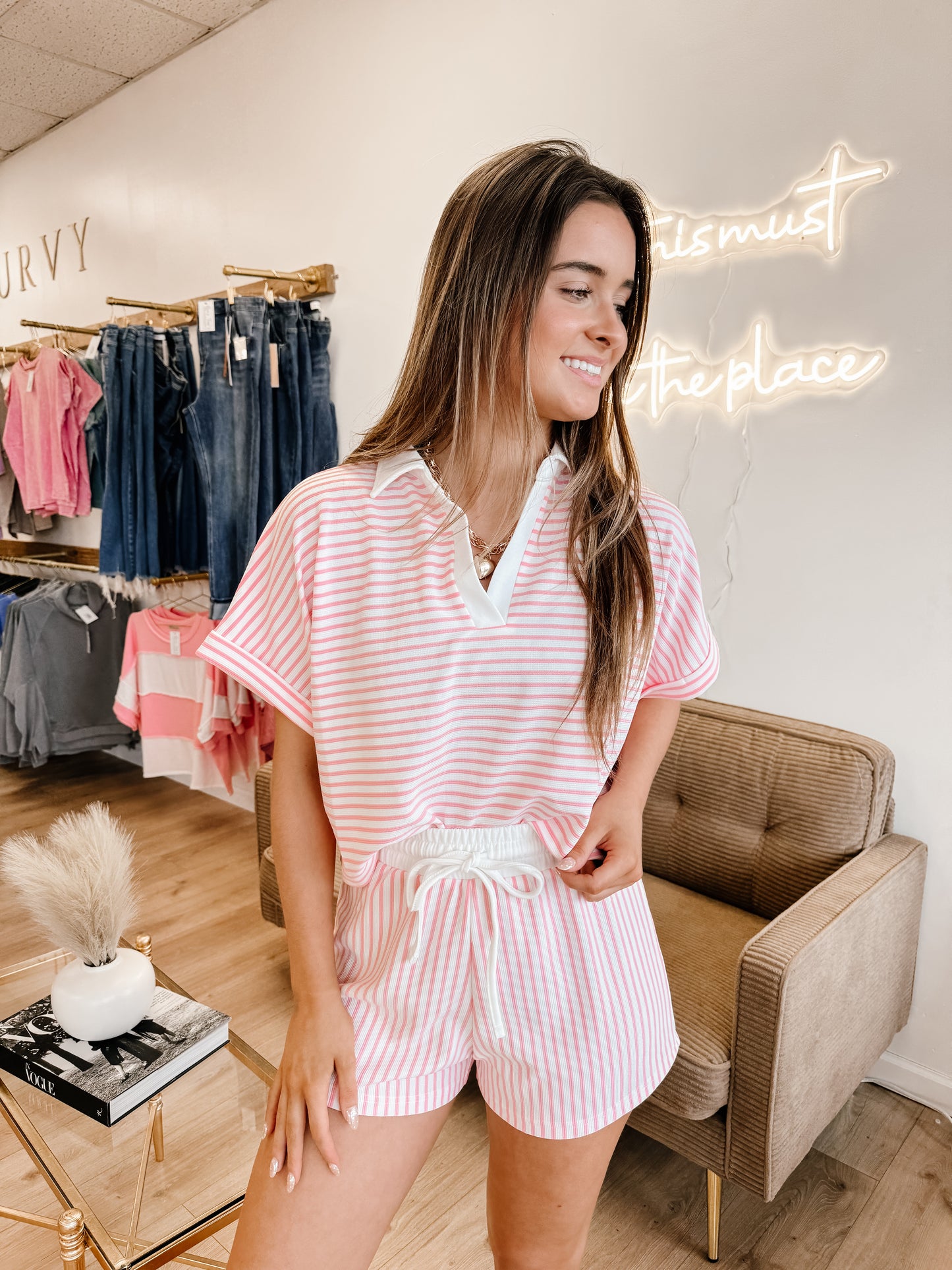 Striped Collared Top & Shorts Set