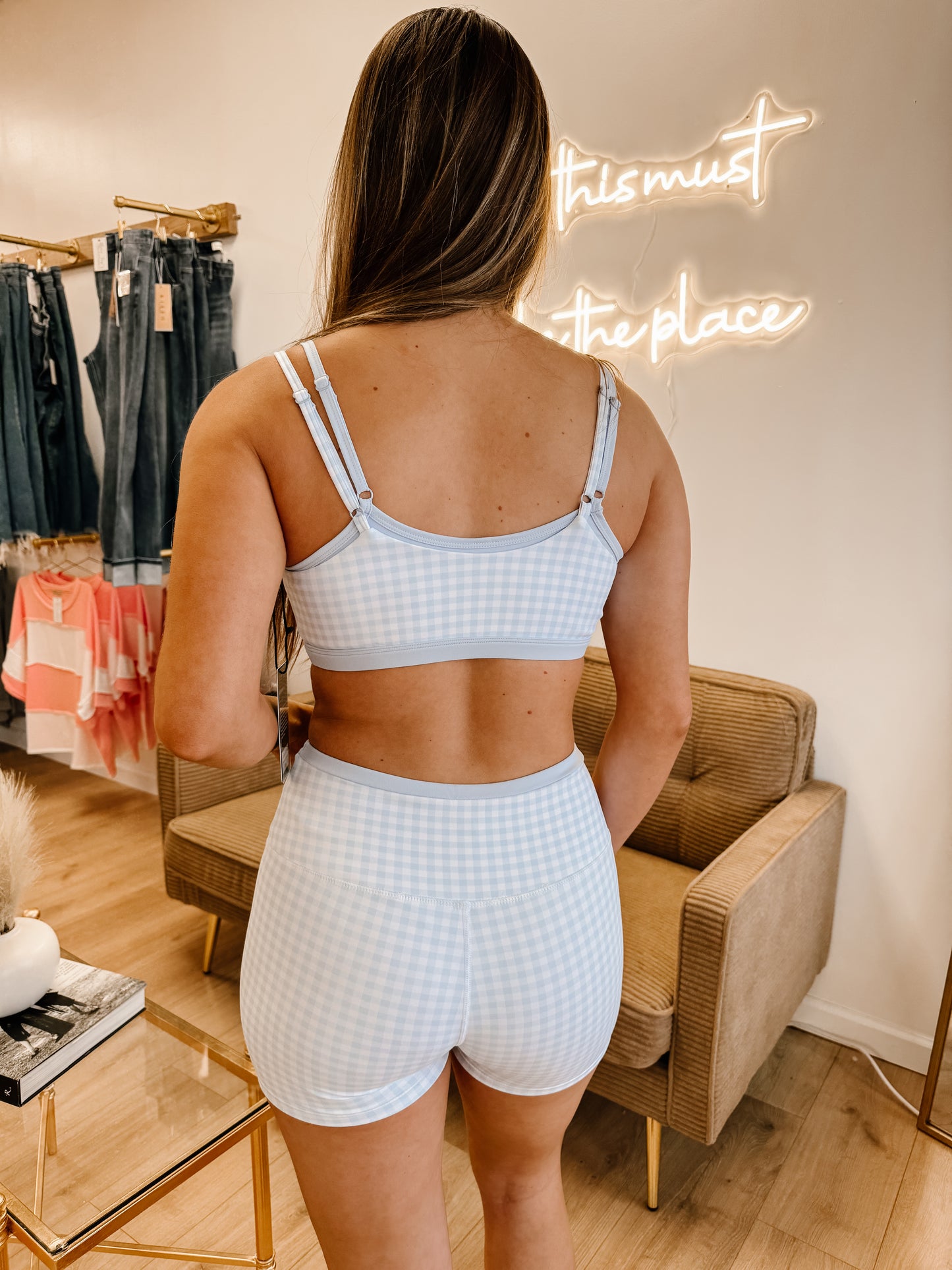 Gingham Print Double Layered Sports Bra