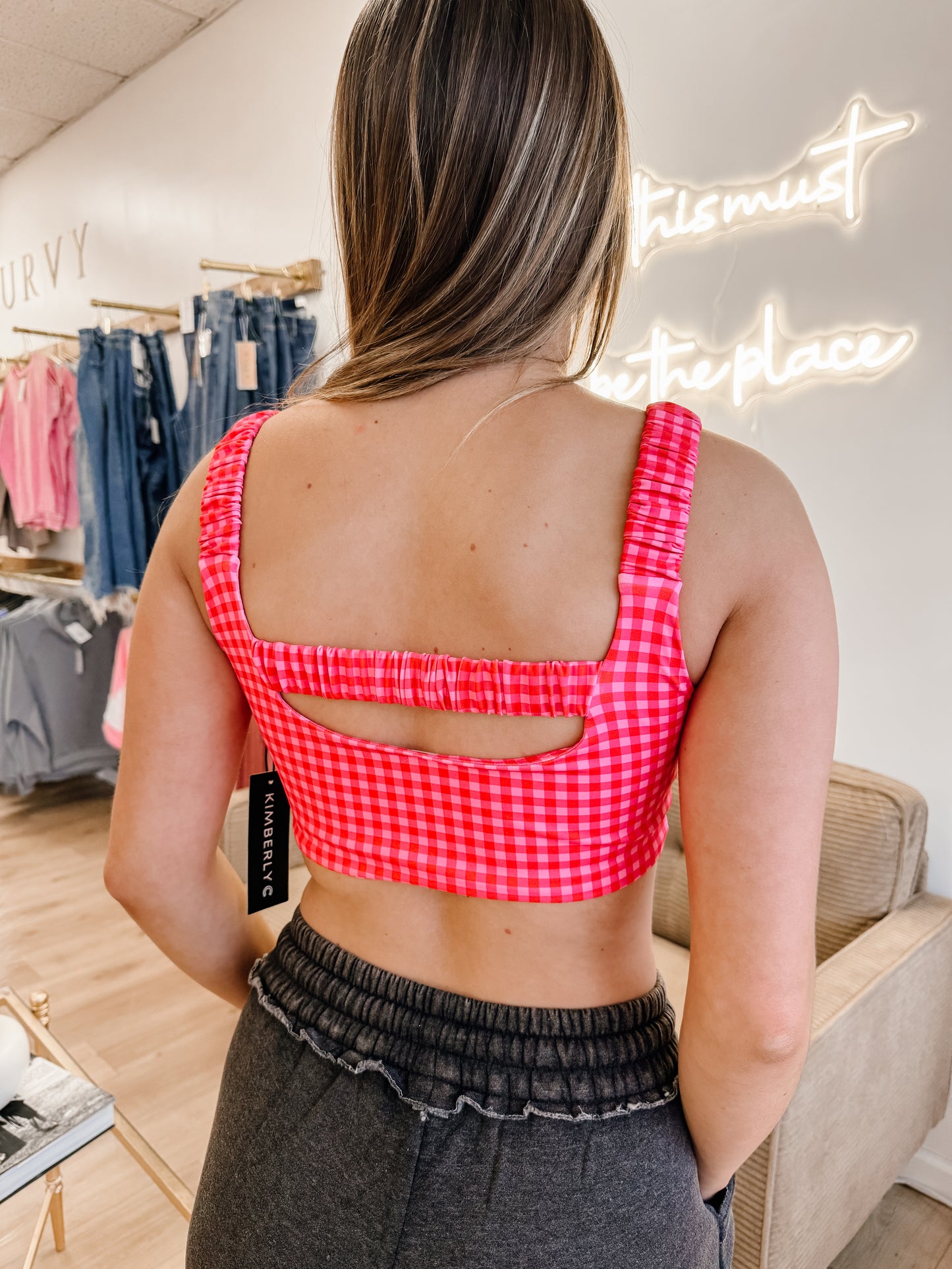 Gingham Print Ruched Bra Top