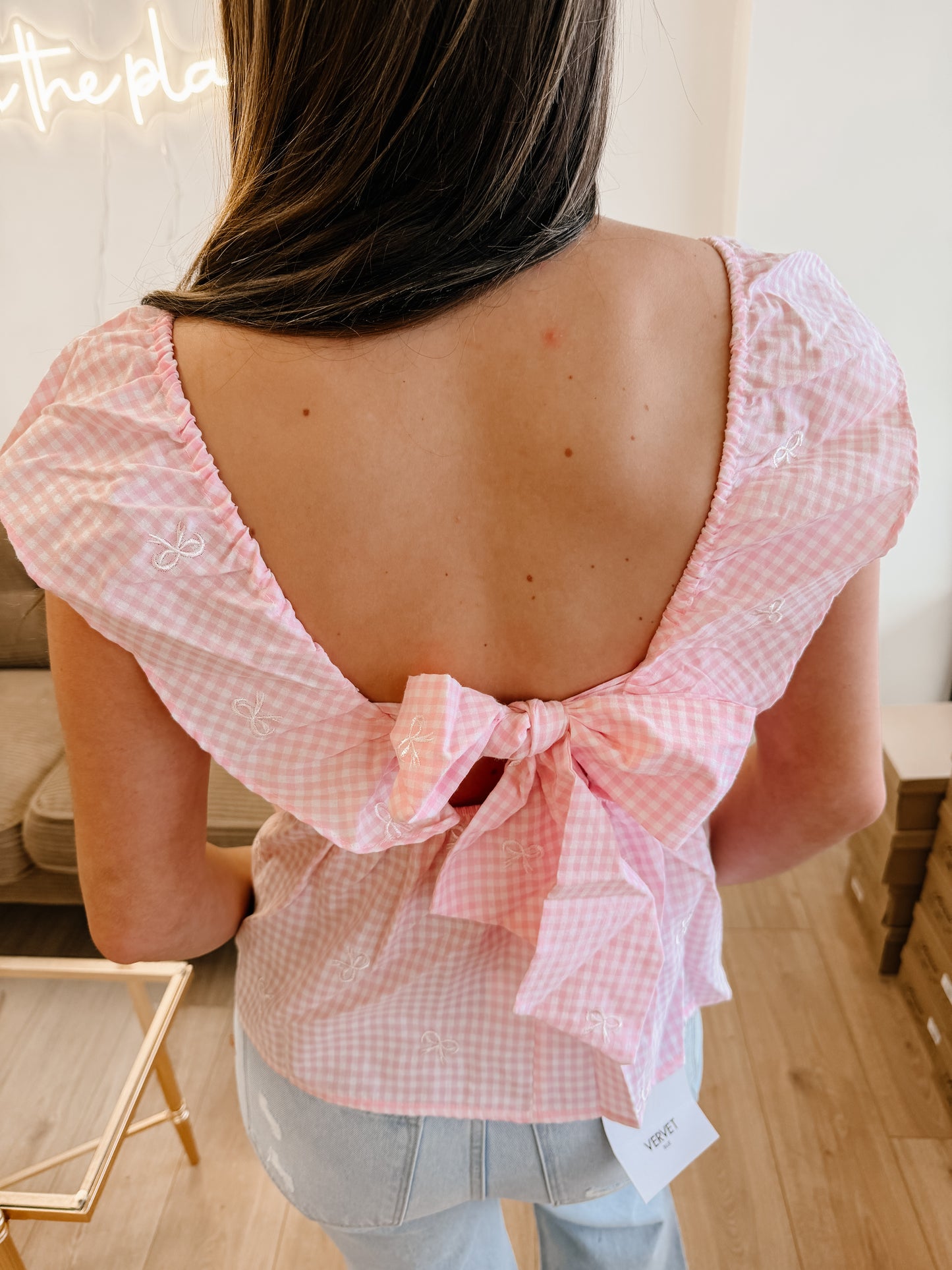 Pink Bow Embroidered Check Sleeveless Blouse