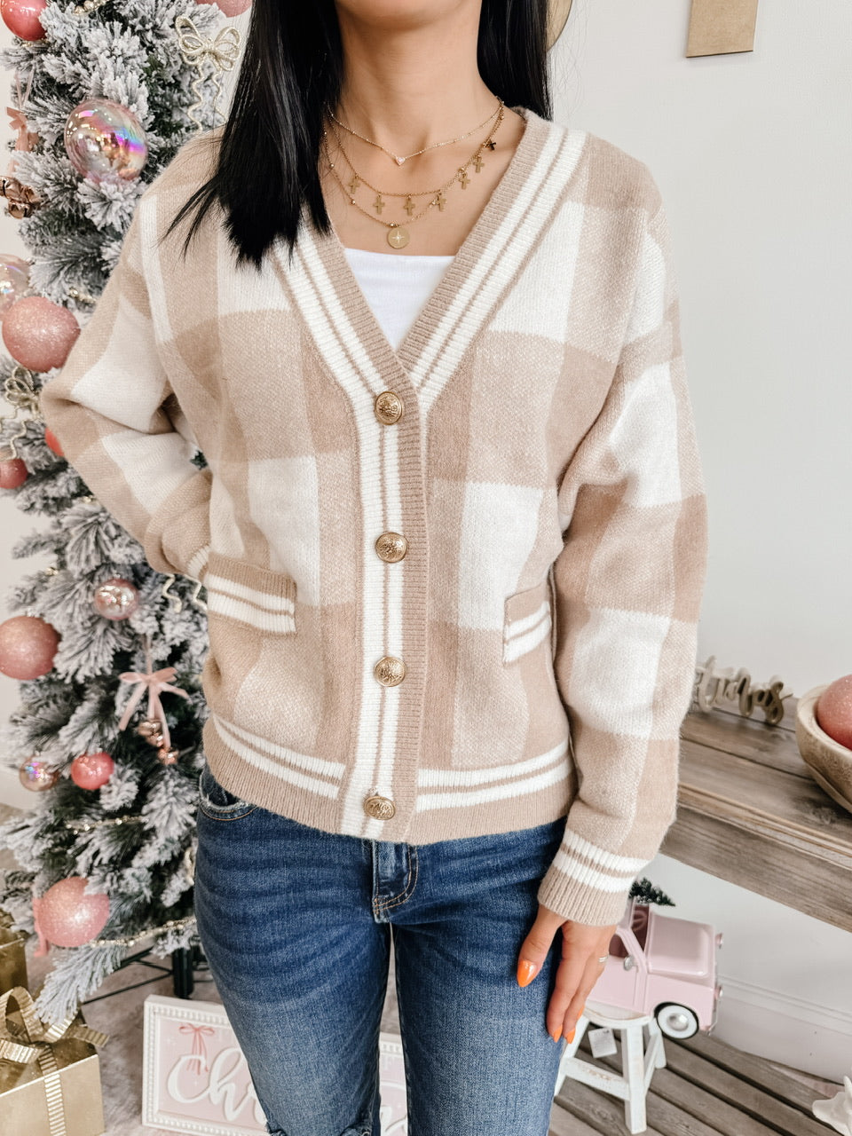 Checkered Plaid Long Sleeve Sweater Cardigan Top