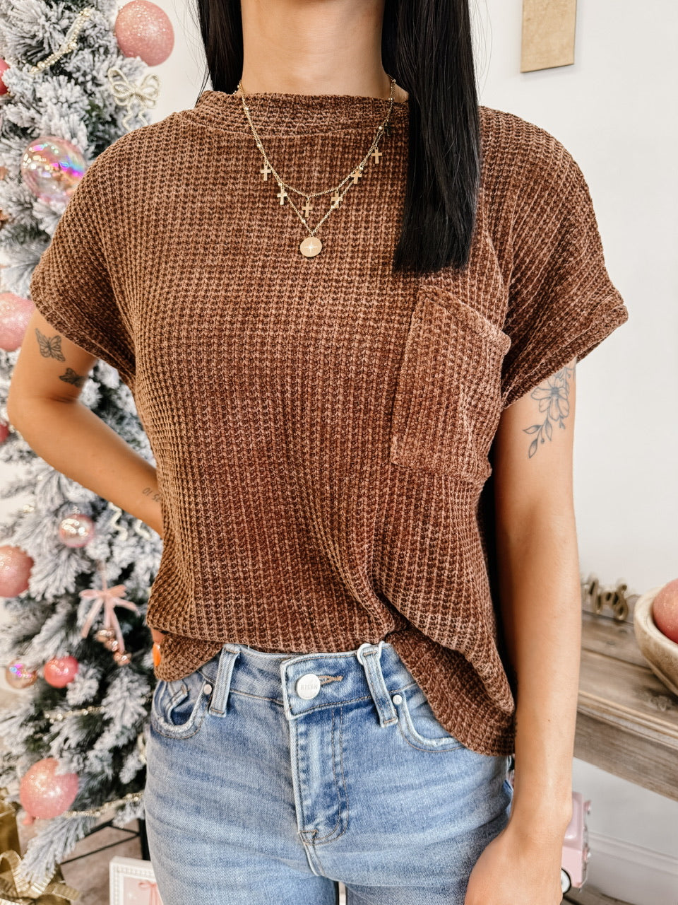 Chenille Waffle Short Sleeve Sweater (4 Colors)