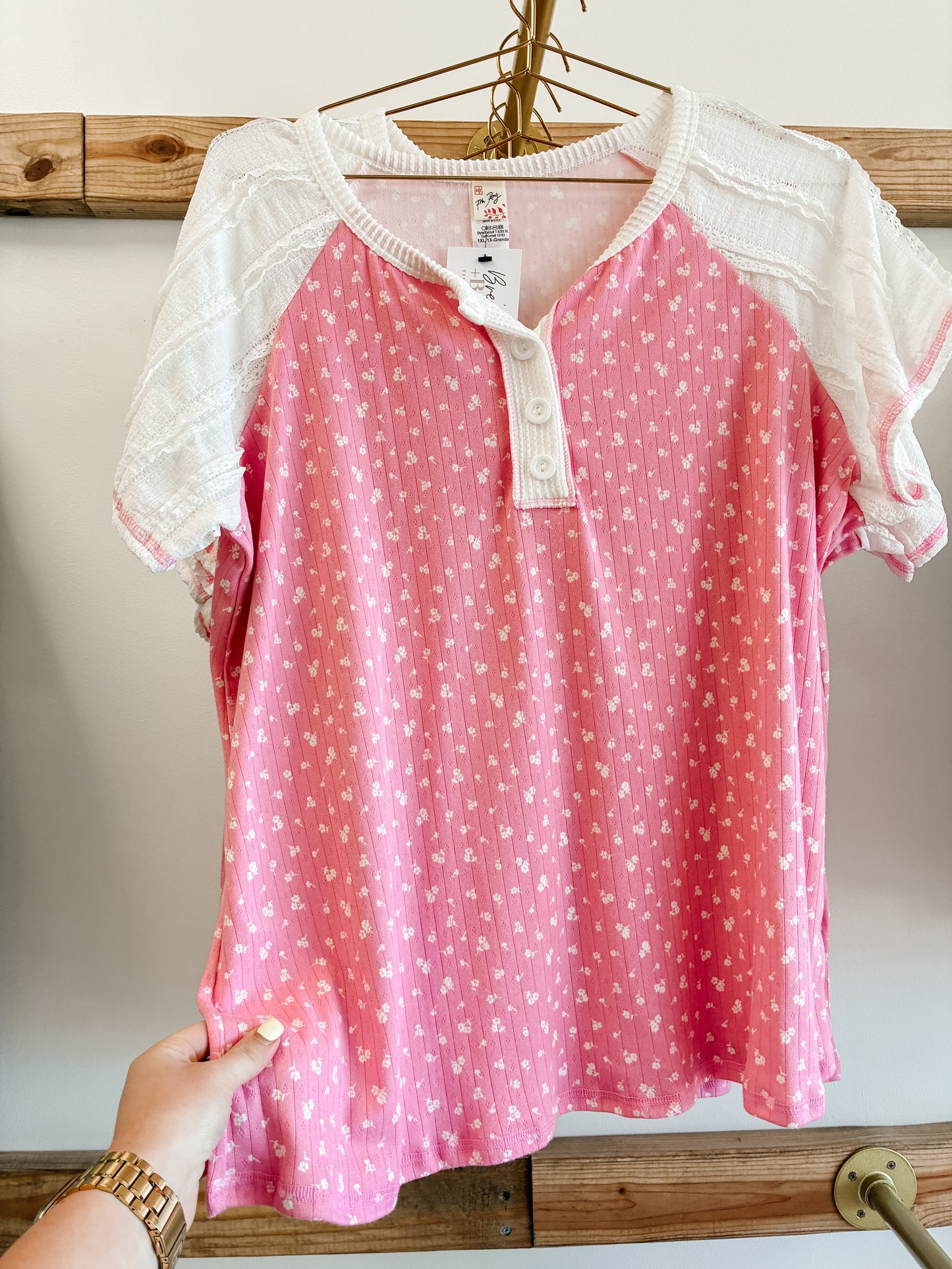 Floral Contrast Sleeve Henley Top