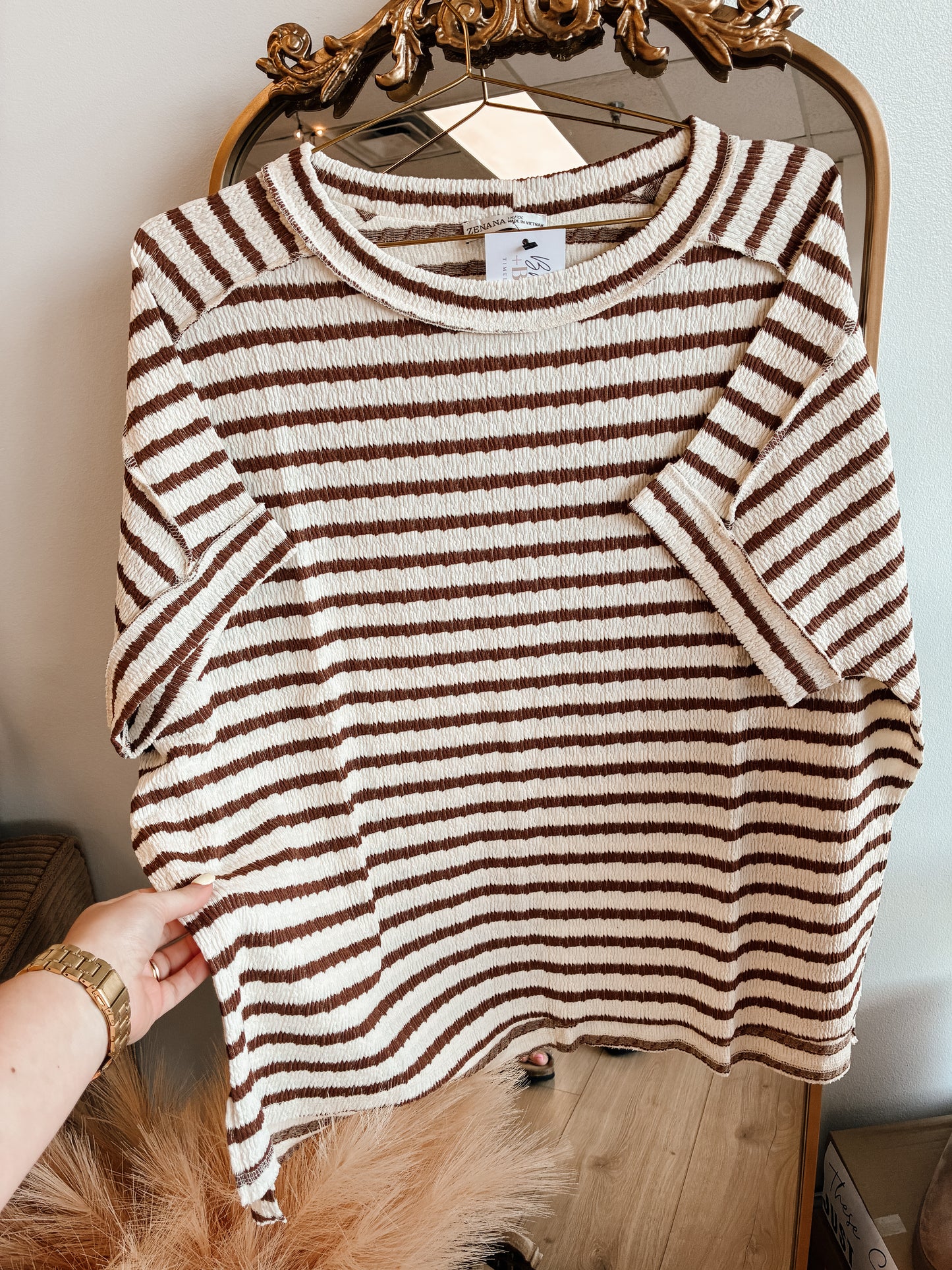 Brown Striped Short Sleeve Hi-low Tee