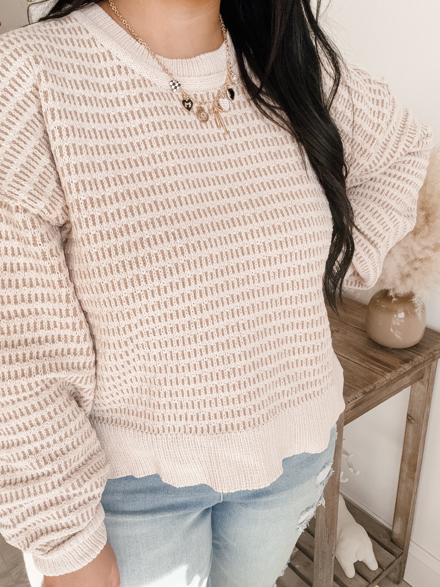 Two Tone Textured Knit Casual Sweater Top (2 colors)