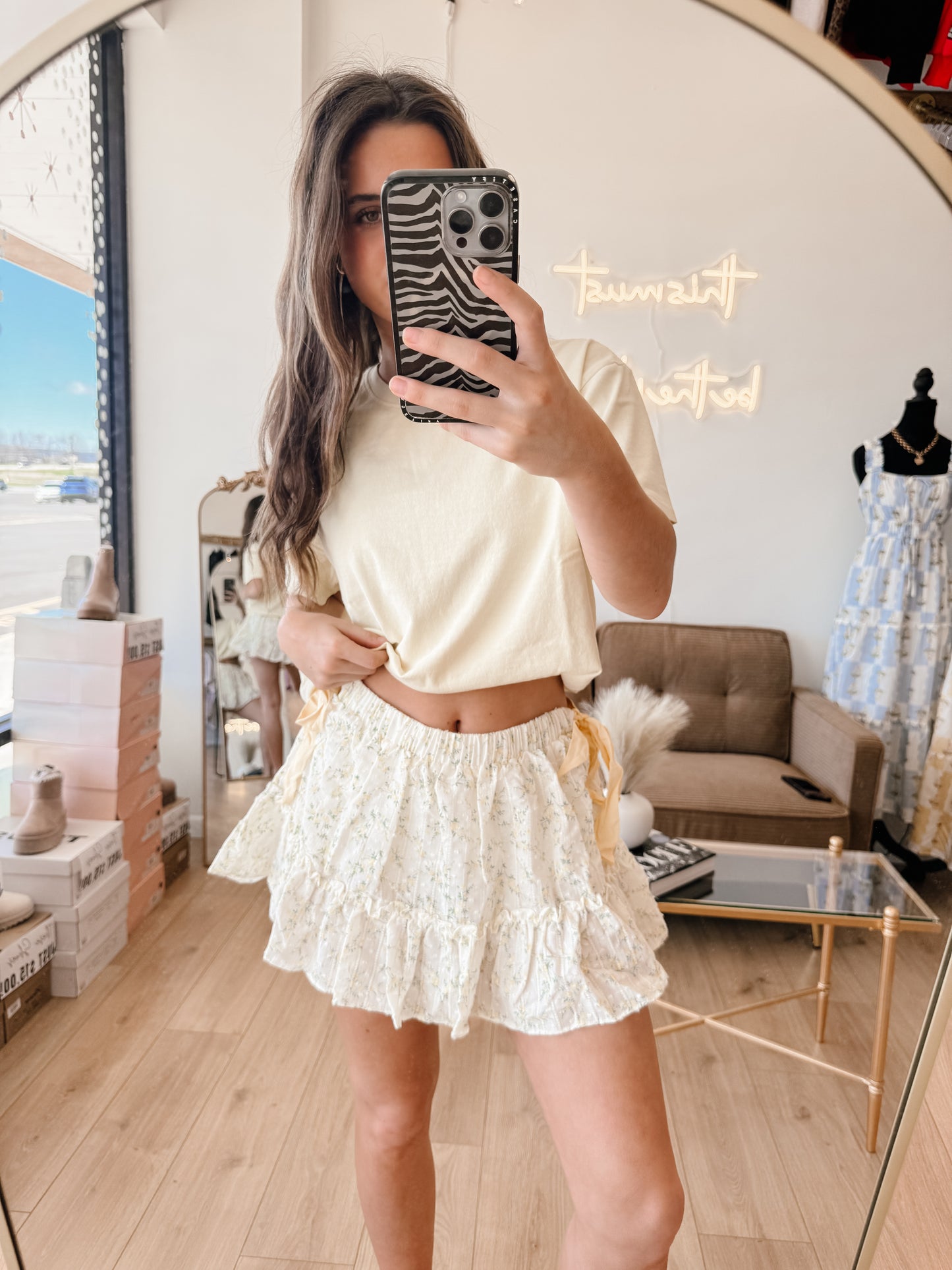 Yellow Floral Print Side Bow Mini Skort