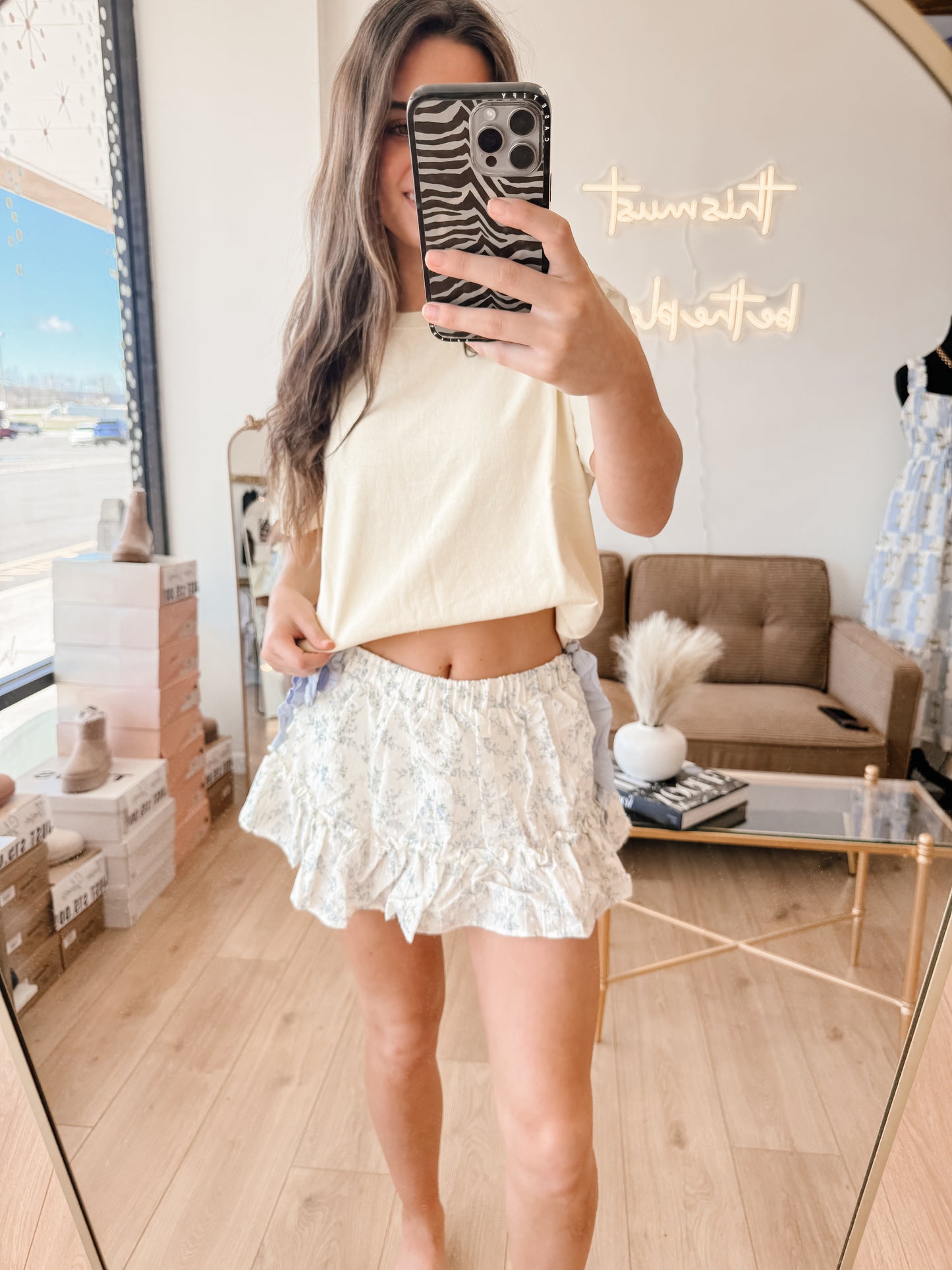 Blue Floral Print Side Bow Mini Skort