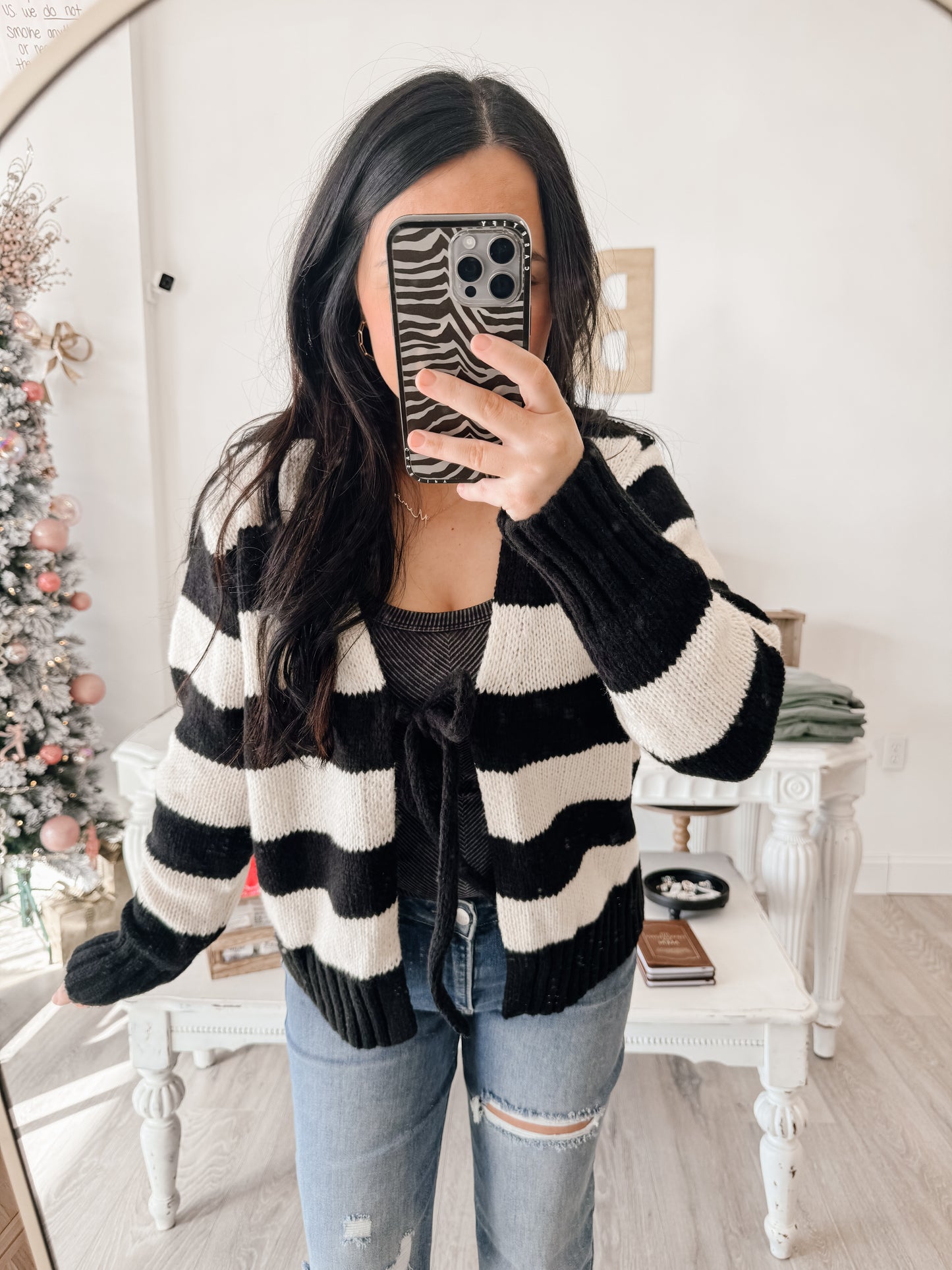 Large Front Tie Stripe Cardigan With Long Sleeves